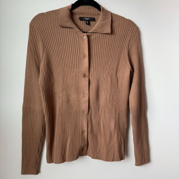 Max Mara Weekend Papiro Rib Knit Cardigan Brown Size L Quiet Luxury Minimalist - Picture 4 of 10